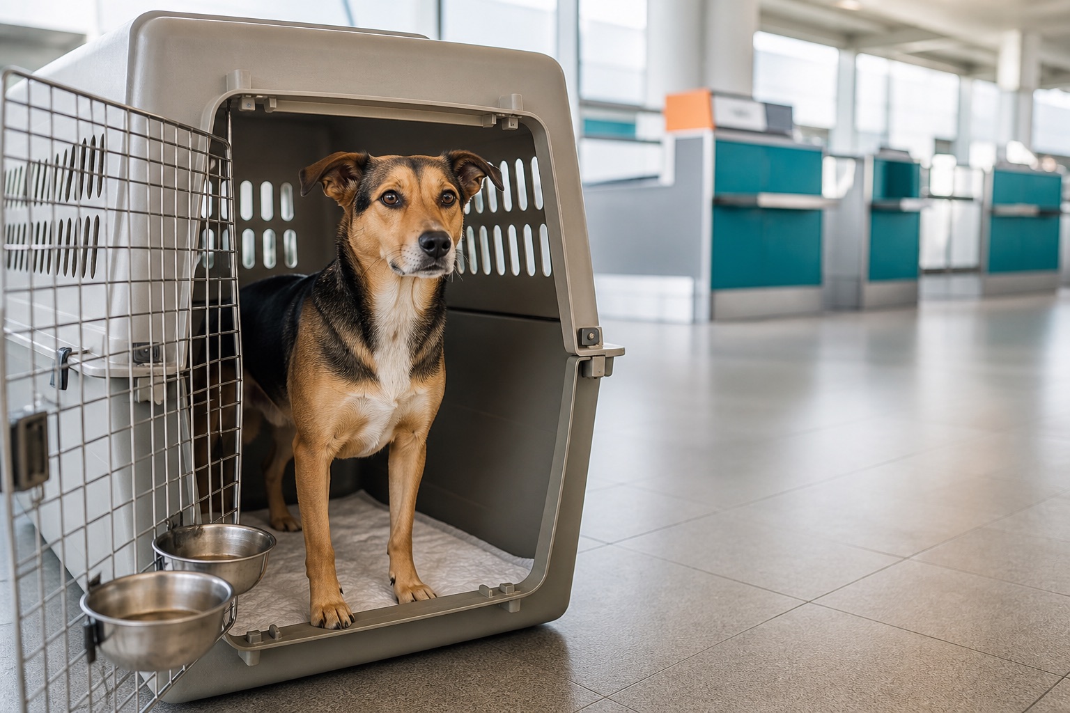Cane tranquillo dentro un kennel rigido adatto al trasporto aereo, vicino al banco check-in